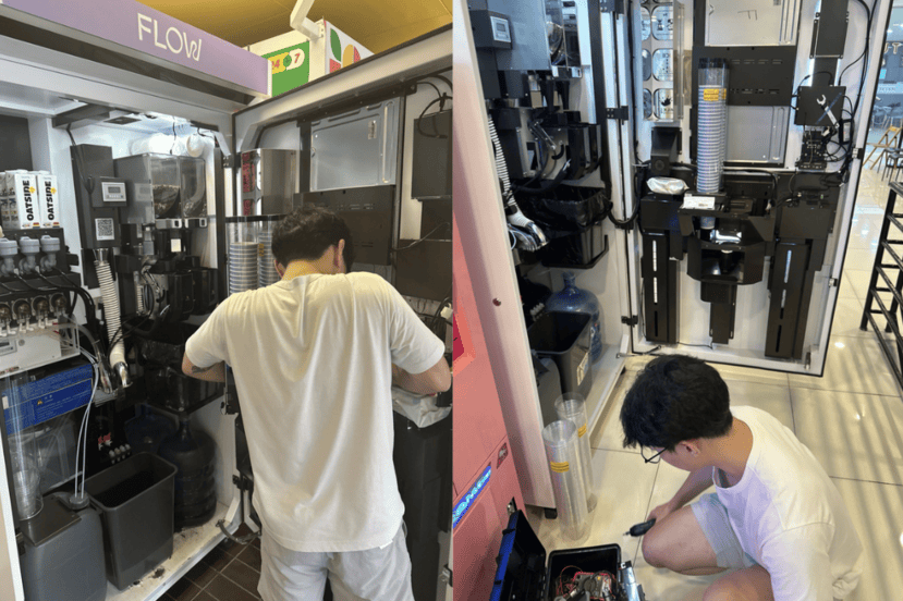 Chief Product Officer Jacky Pu tinkering with the machines after hours